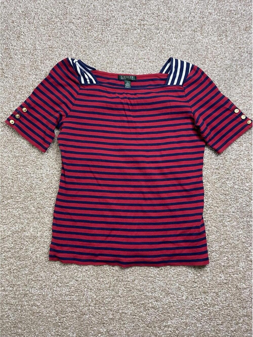 Lauren Ralph Lauren Short Button Sleeve Square Neck Stripe Tee Shirt Red Blue L